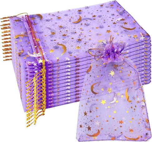 DIYOMR 120Pcs Dream Night Sky Star Moon Gold Organza Lovely Bags Jewelry Cosmetic Bags 4.3x6.3 Inch Drawstring Mesh Favor Pouches Giftwrap Bags for Wedding Party Gift Packaging (Purple) in Kuwait