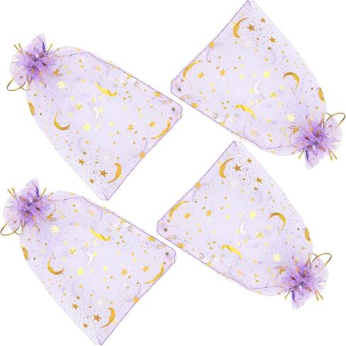 DIYOMR 120Pcs Dream Night Sky Star Moon Gold Organza Lovely Bags Jewelry Cosmetic Bags 4.3x6.3 Inch Drawstring Mesh Favor Pouches Giftwrap Bags for Wedding Party Gift Packaging (Purple) in Kuwait