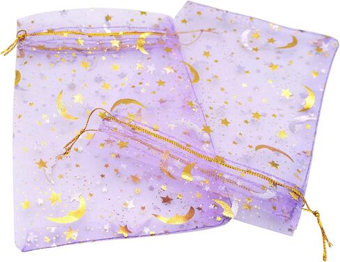 DIYOMR 120Pcs Dream Night Sky Star Moon Gold Organza Lovely Bags Jewelry Cosmetic Bags 4.3x6.3 Inch Drawstring Mesh Favor Pouches Giftwrap Bags for Wedding Party Gift Packaging (Purple) in Kuwait