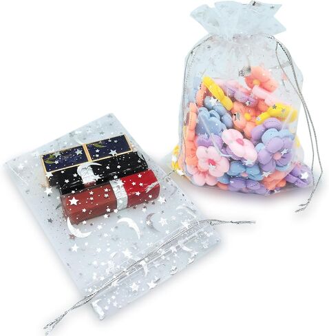 DIYOMR 120Pcs Dream Night Sky Star Moon Gold Organza Lovely Bags Jewelry Cosmetic Bags 4.3x6.3 Inch Drawstring Mesh Favor Pouches Giftwrap Bags for Wedding Party Gift Packaging (Purple) in Kuwait