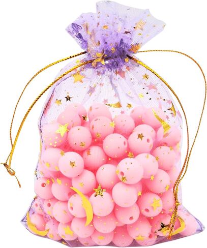 DIYOMR 120Pcs Dream Night Sky Star Moon Gold Organza Lovely Bags Jewelry Cosmetic Bags 4.3x6.3 Inch Drawstring Mesh Favor Pouches Giftwrap Bags for Wedding Party Gift Packaging (Purple) in Kuwait