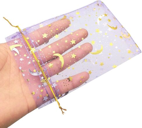 DIYOMR 120Pcs Dream Night Sky Star Moon Gold Organza Lovely Bags Jewelry Cosmetic Bags 4.3x6.3 Inch Drawstring Mesh Favor Pouches Giftwrap Bags for Wedding Party Gift Packaging (Purple) in Kuwait