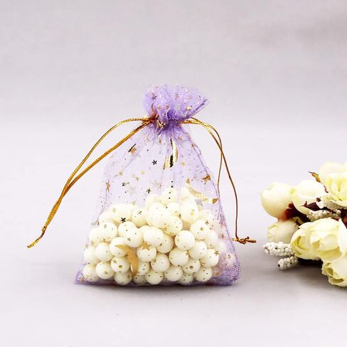 DIYOMR 120Pcs Dream Night Sky Star Moon Gold Organza Lovely Bags Jewelry Cosmetic Bags 4.3x6.3 Inch Drawstring Mesh Favor Pouches Giftwrap Bags for Wedding Party Gift Packaging (Purple) in Kuwait