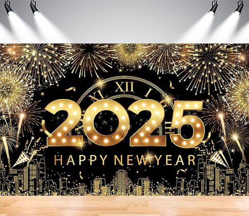 XTRALARGE Happy New Year Banner 2025 - 72 × 44 بوصة خلفية النسيج لزخرفة حفلة رأس السنة الجديدة ، مستلزمات الخلفية (Goldenblack) in Kuwait
