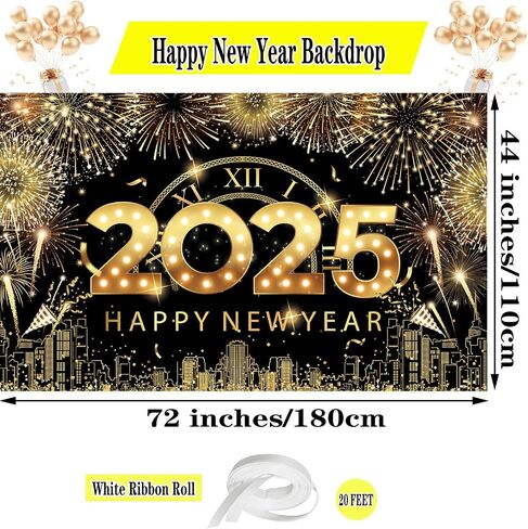 XTRALARGE Happy New Year Banner 2025 - 72 × 44 بوصة خلفية النسيج لزخرفة حفلة رأس السنة الجديدة ، مستلزمات الخلفية (Goldenblack) in Kuwait