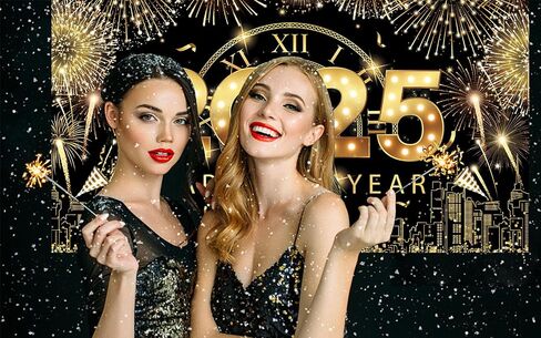 XTRALARGE Happy New Year Banner 2025 - 72 × 44 بوصة خلفية النسيج لزخرفة حفلة رأس السنة الجديدة ، مستلزمات الخلفية (Goldenblack) in Kuwait