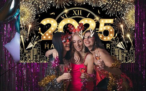 XTRALARGE Happy New Year Banner 2025 - 72 × 44 بوصة خلفية النسيج لزخرفة حفلة رأس السنة الجديدة ، مستلزمات الخلفية (Goldenblack) in Kuwait