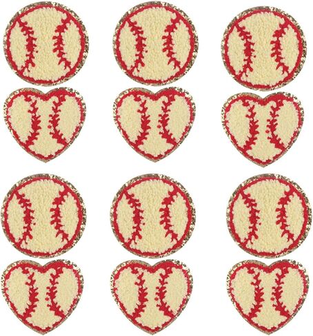 12 PCS Baseball Iron on Patches Gold Edges Chenille Embroidered Sew on Patches Baseball Applique Patches for Clothing, Pants,Bags, Hats, Jeans， DIY Decorative Clothing (White) in Saudi Arabia