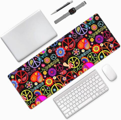 Famame Laptop Mouse Pad Colorful Hippie Peace Love Pattern Desk Mat with Stitched Edges 31.5X 11.8 inch Non-Slip Large Keyboard Rubber Writing Table Mat for Office Home in Saudi Arabia