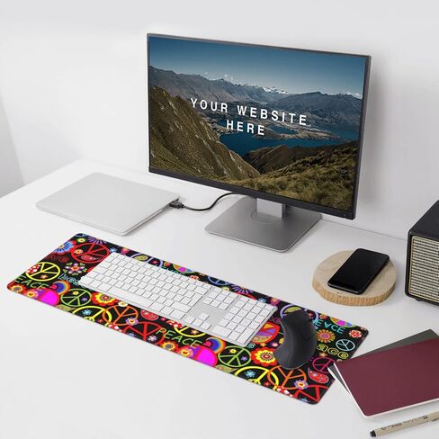 Famame Laptop Mouse Pad Colorful Hippie Peace Love Pattern Desk Mat with Stitched Edges 31.5X 11.8 inch Non-Slip Large Keyboard Rubber Writing Table Mat for Office Home in Saudi Arabia