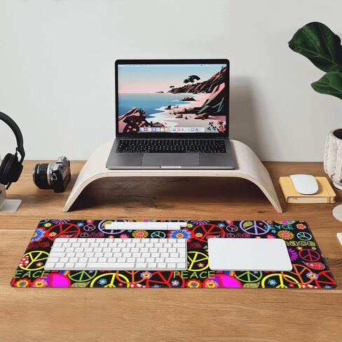 Famame Laptop Mouse Pad Colorful Hippie Peace Love Pattern Desk Mat with Stitched Edges 31.5X 11.8 inch Non-Slip Large Keyboard Rubber Writing Table Mat for Office Home in Saudi Arabia