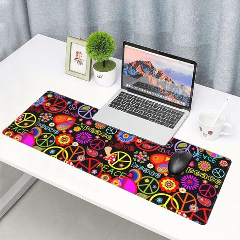 Famame Laptop Mouse Pad Colorful Hippie Peace Love Pattern Desk Mat with Stitched Edges 31.5X 11.8 inch Non-Slip Large Keyboard Rubber Writing Table Mat for Office Home in Saudi Arabia