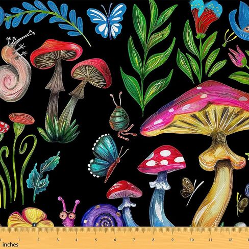 Erosebridal Mushroom Fabric by The Yard, Cute Snail Upholstery Fabric, Wild Mushrooms Floral Nature Plant DIY Decorative Fabric, Fantasy Waterproof Waterproof Fabric, Black Green Red, 1 Yard in Saudi Arabia