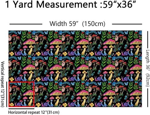 Erosebridal Mushroom Fabric by The Yard, Cute Snail Upholstery Fabric, Wild Mushrooms Floral Nature Plant DIY Decorative Fabric, Fantasy Waterproof Waterproof Fabric, Black Green Red, 1 Yard in Saudi Arabia