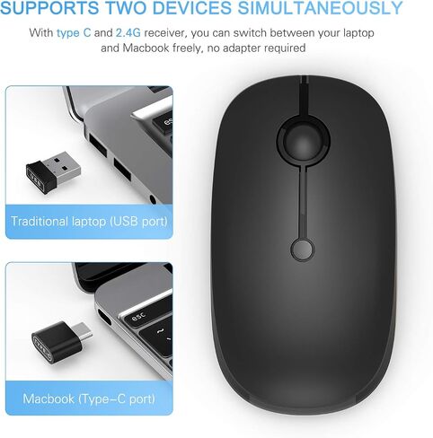 VssoPlor Type C Wireless Mouse, USB C MacBook Wireless Mouse, Black Silver | Dual Mode Cordless Mice with USB and Type C Receiver Compatible with PC, Laptop, MacBook and All USB C Devices in Kuwait