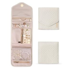 BAGSMART Travel Jewelry Organizer Case Foldable Jewelry Roll for Journey-Rings, Necklaces, Earrings, Bracelets,Mini,Beige