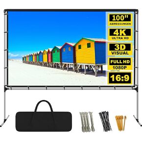 Projector Screen with Stand 120 Inch Foldable Portable Movie Screen 16：9 HD 4K Double Sided Projection Movies Screen with Carry Bag for Indoor Outdoor Home Theater Backyard Cinema Travel
