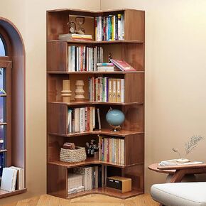 6-Tier Corner Bookshelf, 75" Tall Corner Bookcase Shelf, Solid Wood Bookshelf Organizer, Open Bookcase, Large Corner Display Shelf Rack for Living Room, Bedroom and Home Office, Walnut