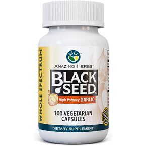 Amazing Herbs Whole Spectrum Black Seed & High Potency Garlic, Vegetarian Capsules - Gluten-Free, Non-GMO, Vegan, Supports Immune System, Lung Function, & Cardiovascular Health - 100 Count