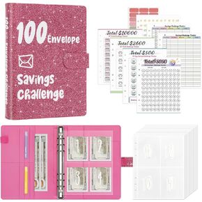 Ospelelf 100 Envelopes Money Saving Challenge Book 52 Week Budget Binder with Cash Envelopes to Save $10,000, Glitter Pink