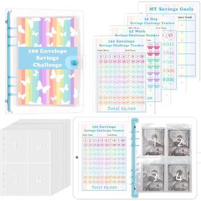 100 Envelopes Savings Challenge Binder, Money Saving Binder with 3 Reusable Laminated $5,050, 500, 10,000 Tracker Sheet, A5 Budget Planner Savings Challenges Book with Cash Envelopes, Blue