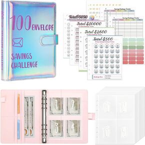 100 Envelopes Money Saving Binder Book, Budget Binder with Cash Envelopes and Saving Tracker, Cash Stuffing Binder from 30 Day to 52 Week，Ice Blue