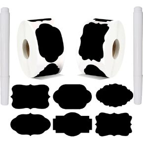 Chalkboard Labels 600 Pcs Black Waterproof Reusable Label Stickers with 2 White Liquid Chalk Markers for Storage Bin, Food Container, Mason Jars