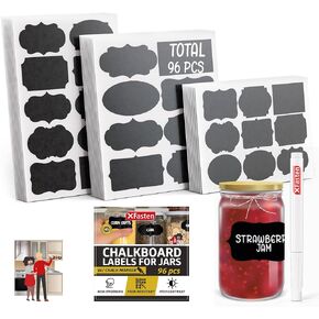 XFasten Chalkboard Labels for Jars 96 pcs with Chalk Marker Chalk Black Labels with White Pen, Assorted Pantry Labels for Containers, Mason Jars, Spice Jars, Waterproof Labels for Bottles