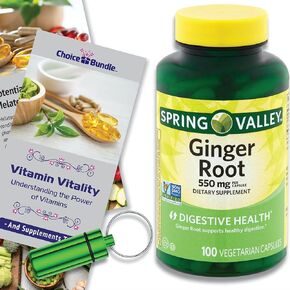 Spring Valley Ginger Root Digestive Health Dietary Supplement Capsules 550 mg 100 Ct Choice Bundle + “Vitamin Vitality" Guide and Pill Container (3 Items)!