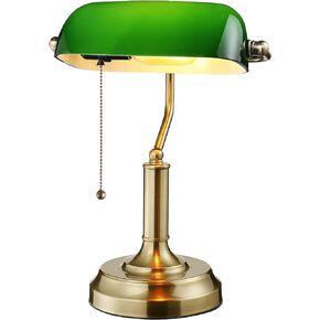 TORCHSTAR Green Glass Bankers Desk Lamp, UL Listed, Antique Desk Lamps with Brass Base, Traditional Library Lamp with Pull Chain, E26 Base, Vintage Desk Lamp for Office, Study Room