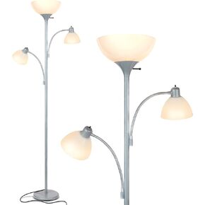 Brightech Sky Dome Double LED Floor lamp, Torchiere Super Bright Floor Lamp with 2 Reading Lamps for Living Rooms & Offices - Dimmable Tall Standing Lamp for Bedroom Reading - Tall Brass Pole