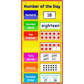 Math Number of The Day Pocket Chart， Small Math Classroom Pocket Chart with 33 Dry Erase Cards for Home School -Perfect for Compact Spaces (Yellow)…