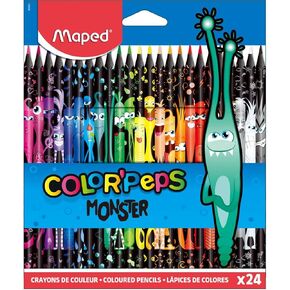 Maped Color'Peps Monster-24 Fun and Original Colouring Pencils - Bright Colours and Strong Lead - Pack of 24 Monster Decorated Pencils in Resin, 862624