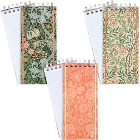 The Gifted Stationery 3 Pack Top Bound Spiral Notebooks, Hard Cover Skinny Notepads, William Morris Inspired (100 Sheets/200 Pages, 8.4x3.75)
