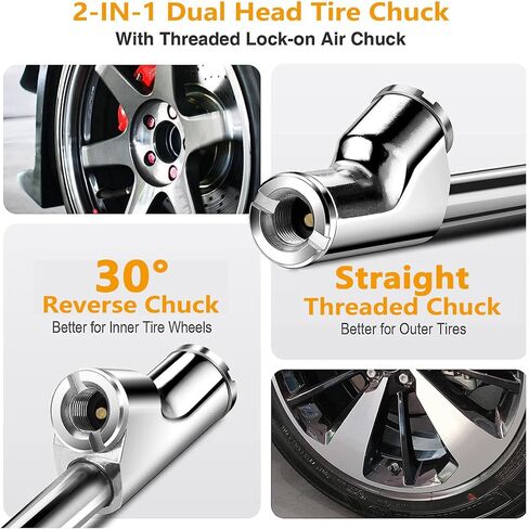 Extended Reach Dual Head Air Chuck, 2-Way Connection 1/4" FNPT Straight Foot Lock On Tire Inflate Chuck for Semi, RV Dually Tires in Kuwait