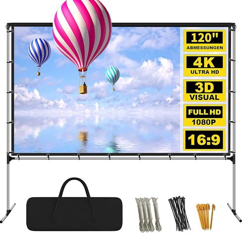 Projector Screen with Stand 120 Inch Foldable Portable Movie Screen 16：9 HD 4K Double Sided Projection Movies Screen with Carry Bag for Indoor Outdoor Home Theater Backyard Cinema Travel in Kuwait