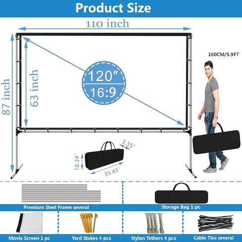 Projector Screen with Stand 120 Inch Foldable Portable Movie Screen 16：9 HD 4K Double Sided Projection Movies Screen with Carry Bag for Indoor Outdoor Home Theater Backyard Cinema Travel in Kuwait