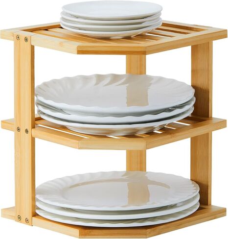 رف زاوية المطبخ من Apicizon، منظم الأطباق للخزانة، رف خزانة زاوية الخيزران 3 طبقات مخزن المطبخ على الحائط منظم أرفف تخزين المطبخ، بني in Kuwait