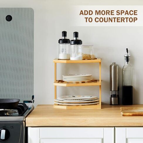 رف زاوية المطبخ من Apicizon، منظم الأطباق للخزانة، رف خزانة زاوية الخيزران 3 طبقات مخزن المطبخ على الحائط منظم أرفف تخزين المطبخ، بني in Kuwait