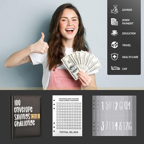 تحدي توفير المال في 100 ظرف: مخطط توفير المال المثالي الخاص بك مع تحديات الأظرف النقدية ومجلد كتب الميزانية (وردي) in Kuwait