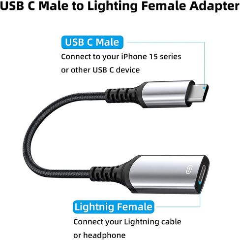 محول صوت AreMe USB-C ذكر إلى Lightning Female، محول سماعة رأس USB من النوع C إلى Lightning لهاتف iPhone 15/15 Plus/15 Pro/15 Pro Max، iPad Air، يدعم الشحن ونقل البيانات in Saudi Arabia