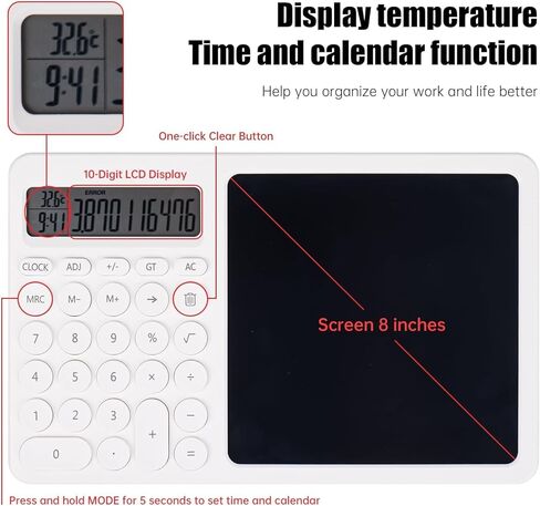 آلة حاسبة MOSHOU مع جهاز لوحي للكتابة LCD، آلة حاسبة ثابتة لسطح المكتب 2 في 1 مع درجات حرارة وقت التقويم الإلكتروني، آلة حاسبة بشاشة LCD مكونة من 10 أرقام للطلاب والمعلمين والمكتب in Kuwait
