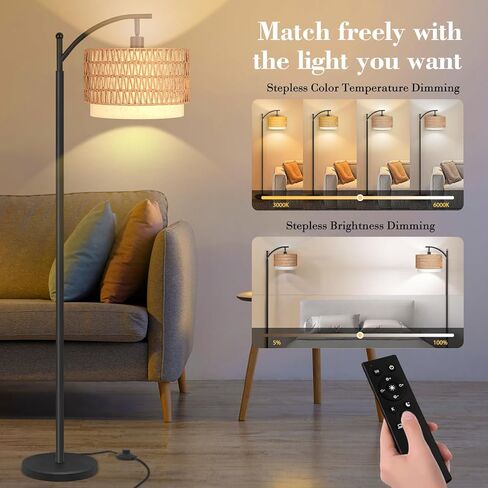 مصباح أرضي قوسي من PESRAE مع جهاز تحكم عن بعد، 9W/1000LM ستبليس 3000K-6000K لمبة LED متضمنة، مصباح قائم مع مصباح طويل مع عاكس الضوء من الكتان قابل للتعديل لغرفة النوم وغرفة المعيشة in Kuwait