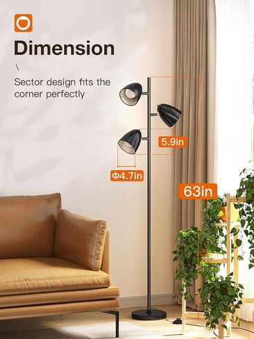 addlon Tree Floor Lamp with 3 Adjustable Rotating Lights and Matching LED Bulbs, Standing Tall Pole Lamps for Living Room, Bedroom, Home, Office - Black in Saudi Arabia