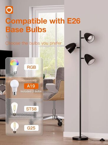 addlon Tree Floor Lamp with 3 Adjustable Rotating Lights and Matching LED Bulbs, Standing Tall Pole Lamps for Living Room, Bedroom, Home, Office - Black in Saudi Arabia