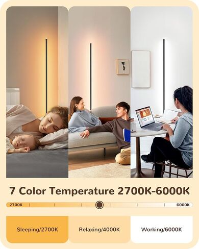 EDISHINE LED Corner Floor Lamp, Minimalist Dimmable Light with Remote, Standing 57.5 Inches Tall Lamp for Living Room, Bedroom, Home Office, 7 Color Temperature 2700-6000K (Black) in Saudi Arabia