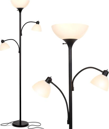 مصباح أرضي LED مزدوج من Brightech Sky Dome، مصباح أرضي Torchiere فائق السطوع مع مصباحين للقراءة لغرف المعيشة والمكاتب - مصباح قائم طويل القامة قابل للتعتيم لقراءة غرفة النوم - عمود أسود طويل القامة in Kuwait