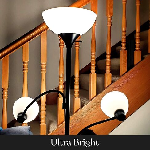 مصباح أرضي LED مزدوج من Brightech Sky Dome، مصباح أرضي Torchiere فائق السطوع مع مصباحين للقراءة لغرف المعيشة والمكاتب - مصباح قائم طويل القامة قابل للتعتيم لقراءة غرفة النوم - عمود أسود طويل القامة in Kuwait