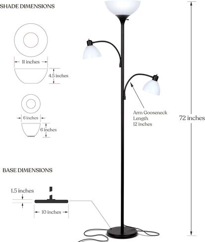 مصباح أرضي LED مزدوج من Brightech Sky Dome، مصباح أرضي Torchiere فائق السطوع مع مصباحين للقراءة لغرف المعيشة والمكاتب - مصباح قائم طويل القامة قابل للتعتيم لقراءة غرفة النوم - عمود أسود طويل القامة in Kuwait