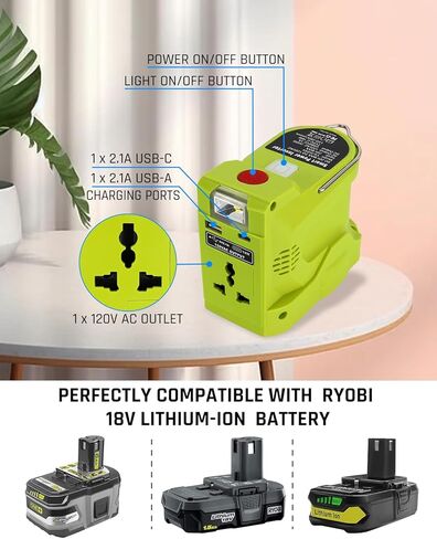 Taingwei 200W عاكس الطاقة لبطارية Ryobi 18V، DC 18V إلى AC 110-120V عاكس البطارية مع منفذ USB واحد، منفذ USB-C، ضوء LED 280lm للتخييم في الهواء الطلق والسفر والصيد في حالات الطوارئ (أداة فقط) in Kuwait
